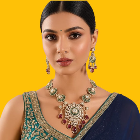 Royal Kundan Necklace Set with Ruby Red Drops and Green Accents