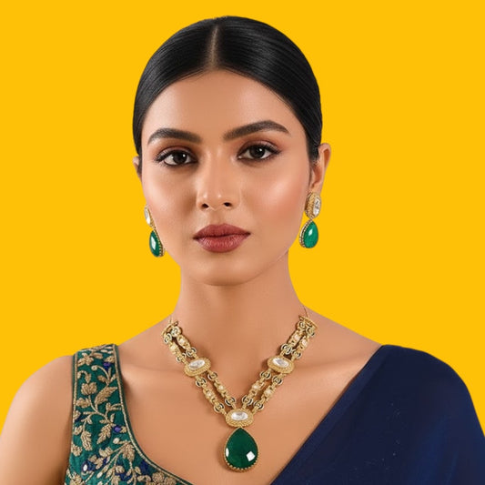 Royal Emerald Green Drop Necklace Set with Double-Strand Kundan Chain and Complementing Earrings