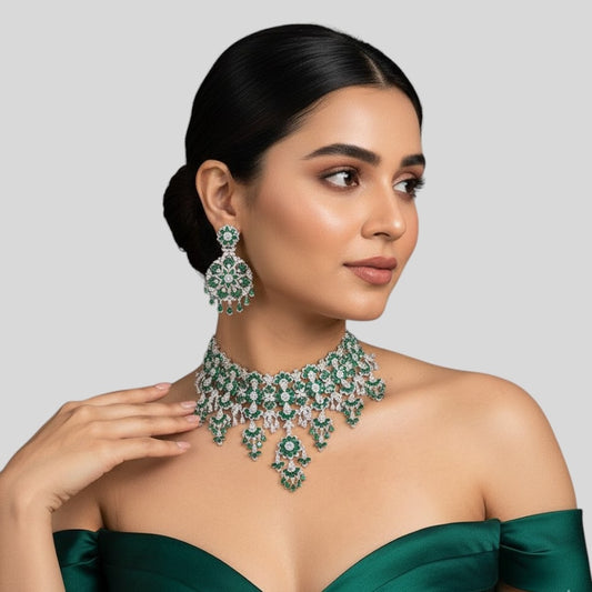 Luxury Emerald Green Silver Plated Choker Necklace Set with Earrings