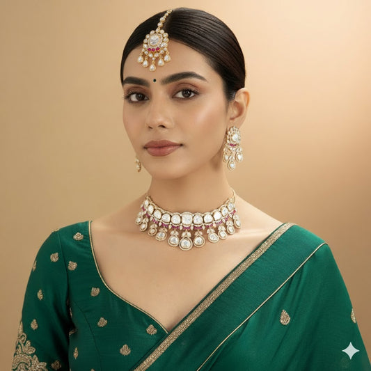Kundan Maang Tikka Bridal Choker Set – Ruby Accented Gold-Toned Jewelry