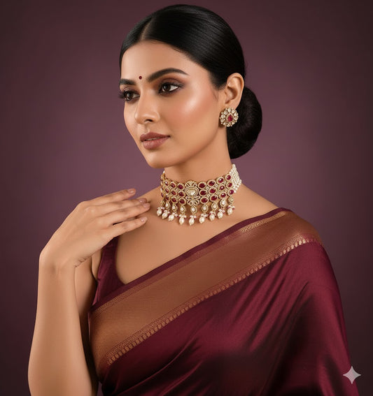 Royal Ruby Red Kundan Pearl Choker Necklace Set