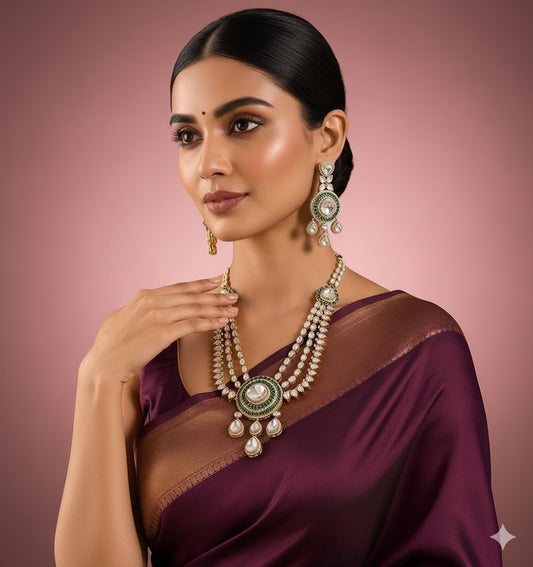 Pearl &amp; Polki Layered Kundan Necklace Set with Green Detailing