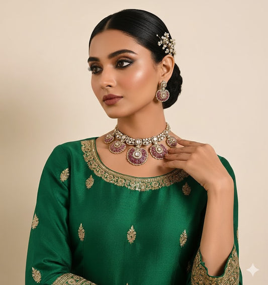 Majestic Plum Stone Kundan Bridal Necklace Set