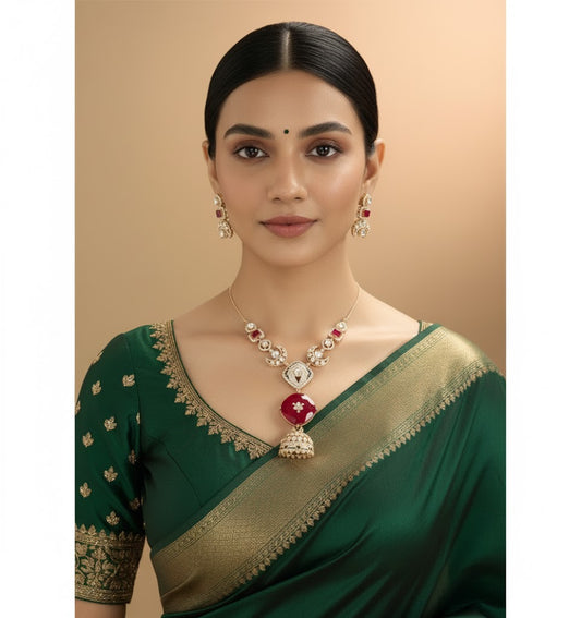 Ruby Red Temple Pendant Necklace Set – Kundan Jhumka Motif Design
