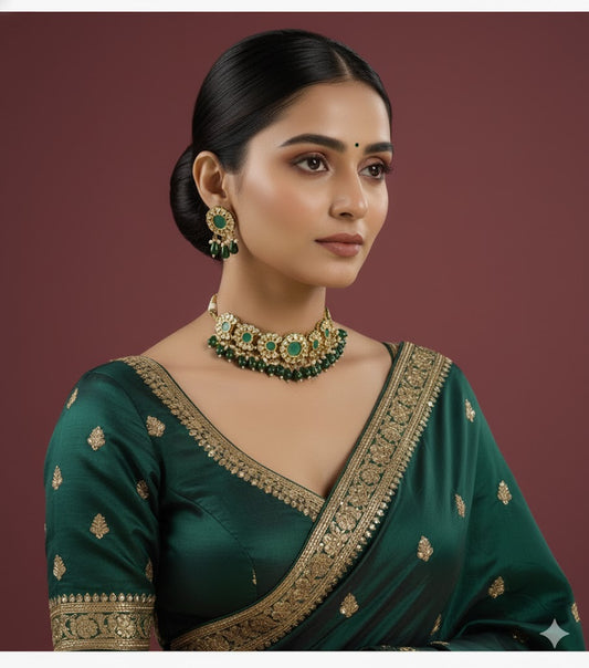 Beautiful Green Kundan Choker Necklace Set with Earrings –Traditional Bridal Jewelry