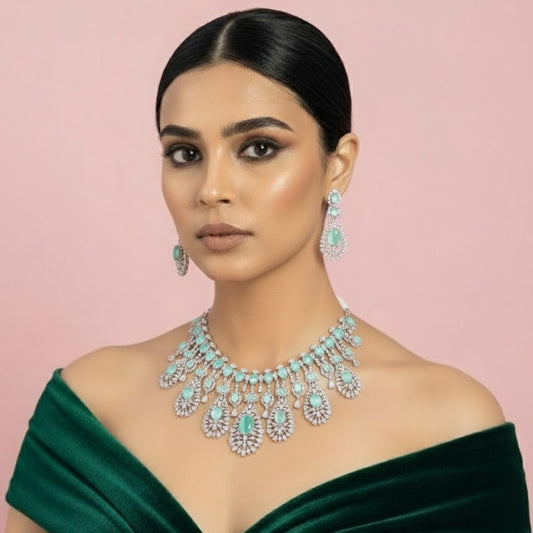 Luxury Silver-Plated Choker Necklace Set with Mint Green Stones