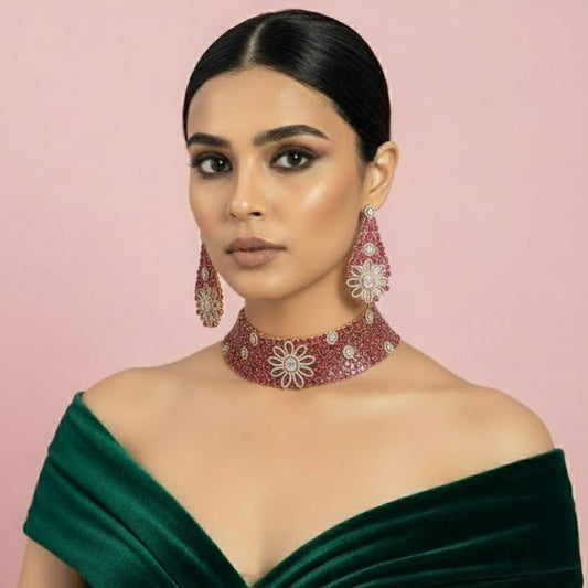 Luxury Ruby & Diamond Floral Choker Necklace Set for Women