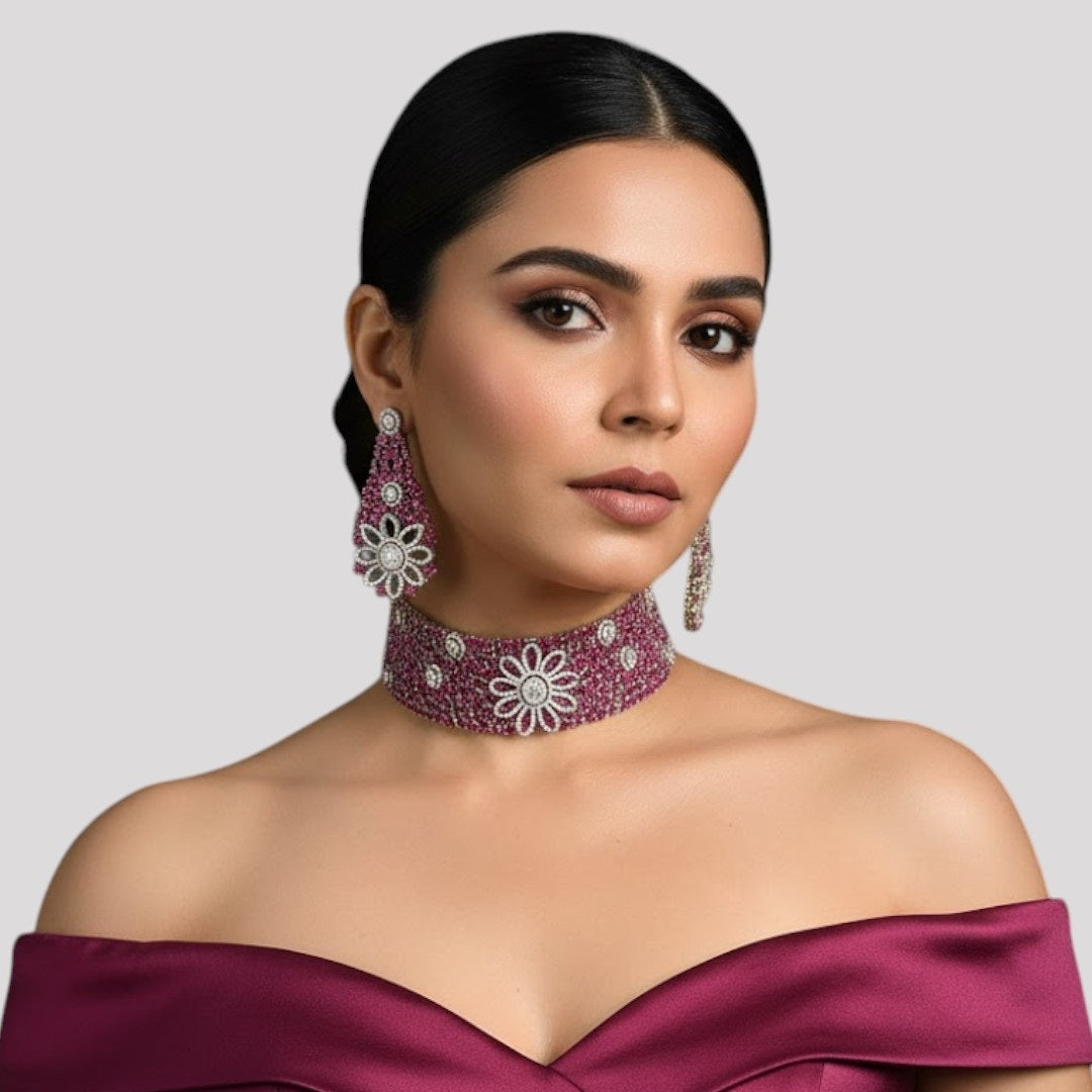 Luxury Ruby & Diamond Floral Choker Necklace Set for Women