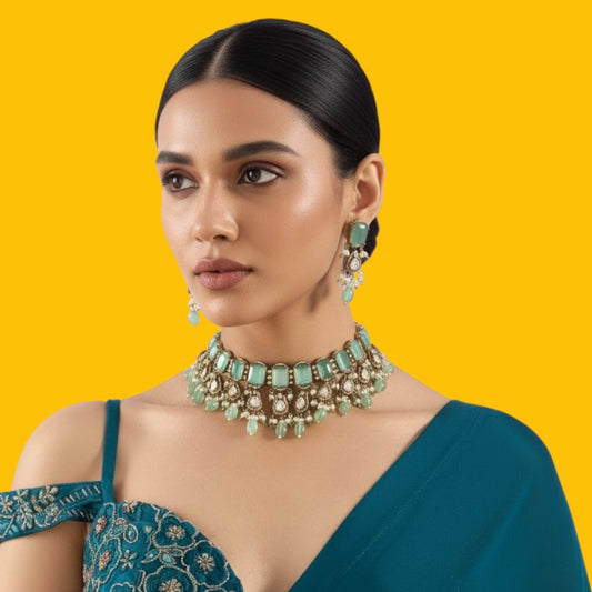 Mint Green Kundan Choker Necklace Set with Dangling Beads and Matching Earrings