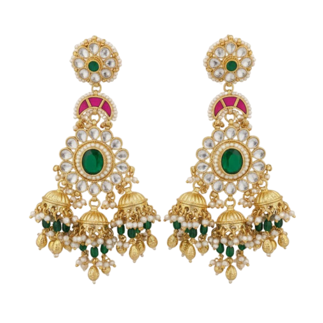Traditional Gold-Plated Kundan & Emerald Green Jhumka Earrings for Women
