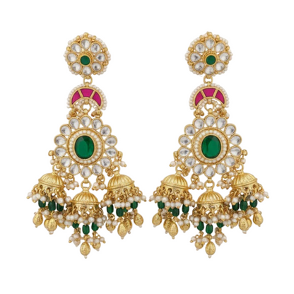 Traditional Gold-Plated Kundan & Emerald Green Jhumka Earrings for Women