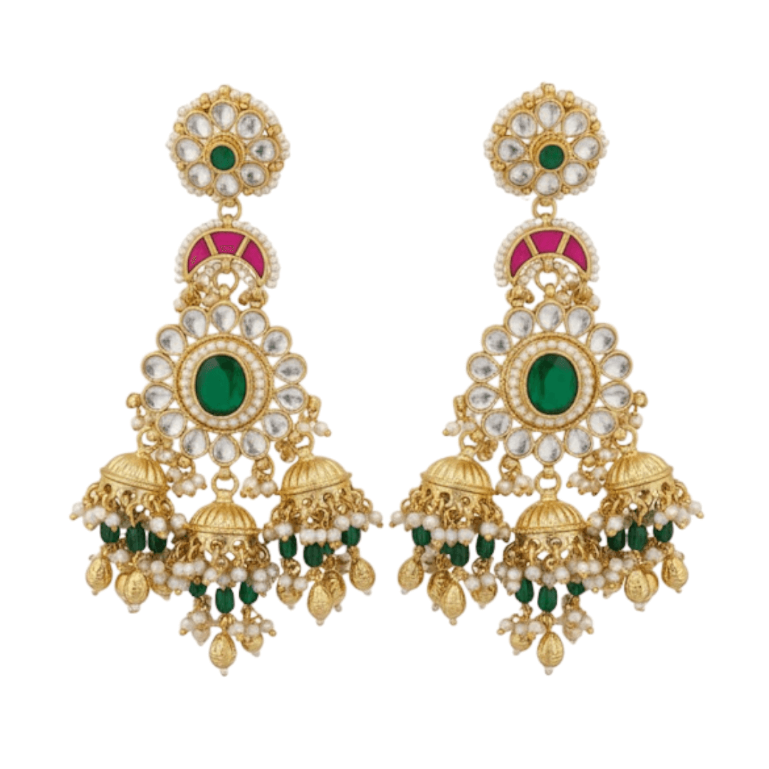 Traditional Gold-Plated Kundan & Emerald Green Jhumka Earrings for Women