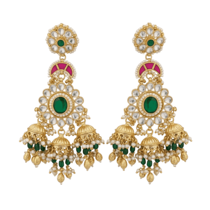 Traditional Gold-Plated Kundan & Emerald Green Jhumka Earrings for Women