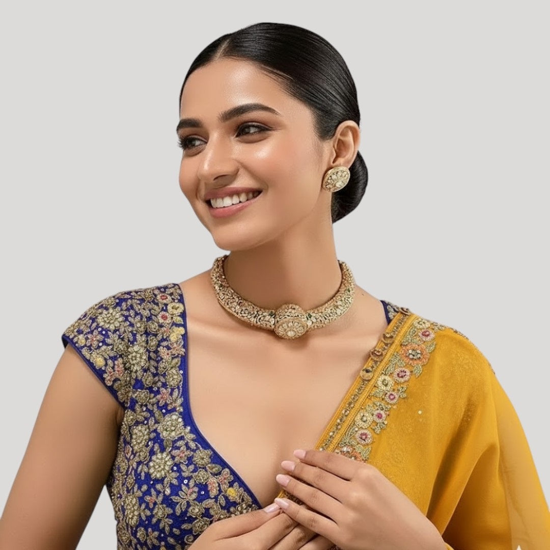 Antique Gold Kundan Choker Belt Necklace Set with Round Stud Earrings - Auraa Trends