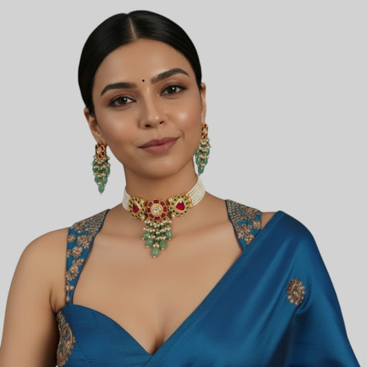 Classic Kundan Choker Necklace Set with Green Beads &amp; Floral Motif Earrings