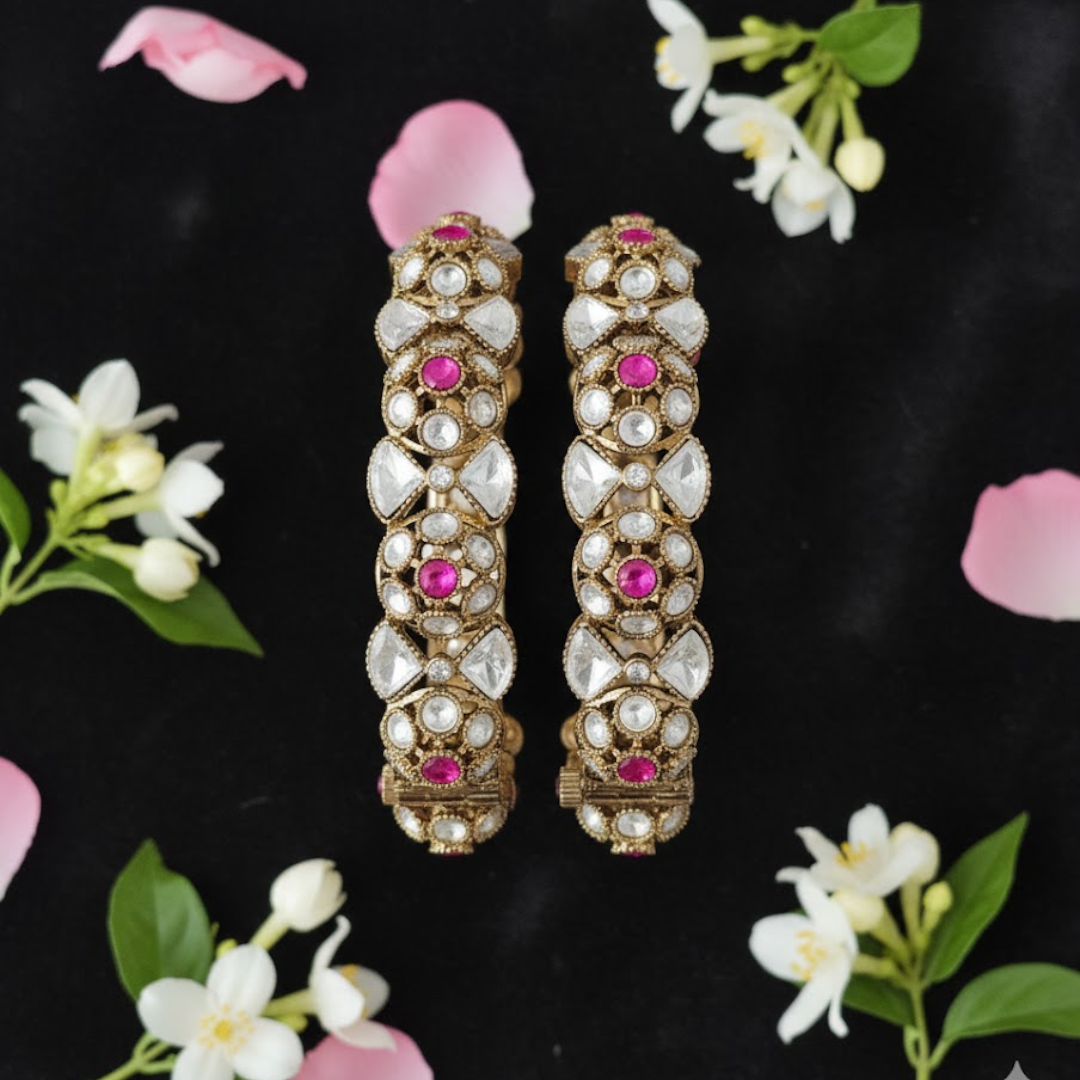 Gold-plated Kundan bangles with pink stone and white crystal detailing for women