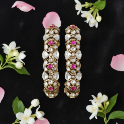 Gold-plated Kundan bangles with pink stone and white crystal detailing for women