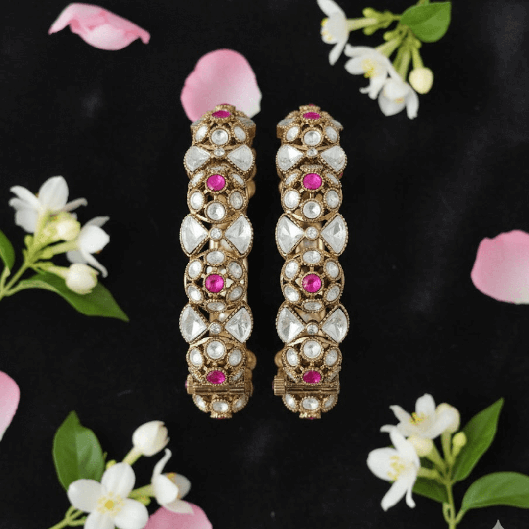 Gold-Plated Kundan & Pink Stone Embellished Traditional Bangles for Women