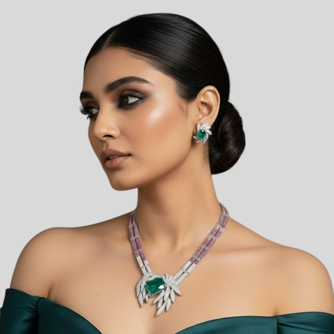 Luxury Emerald & Diamond Leaf Design Necklace and Earrings Set for Women