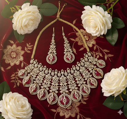 Gold Plated Red Stone Studded Bridal Necklace Set with Earrings