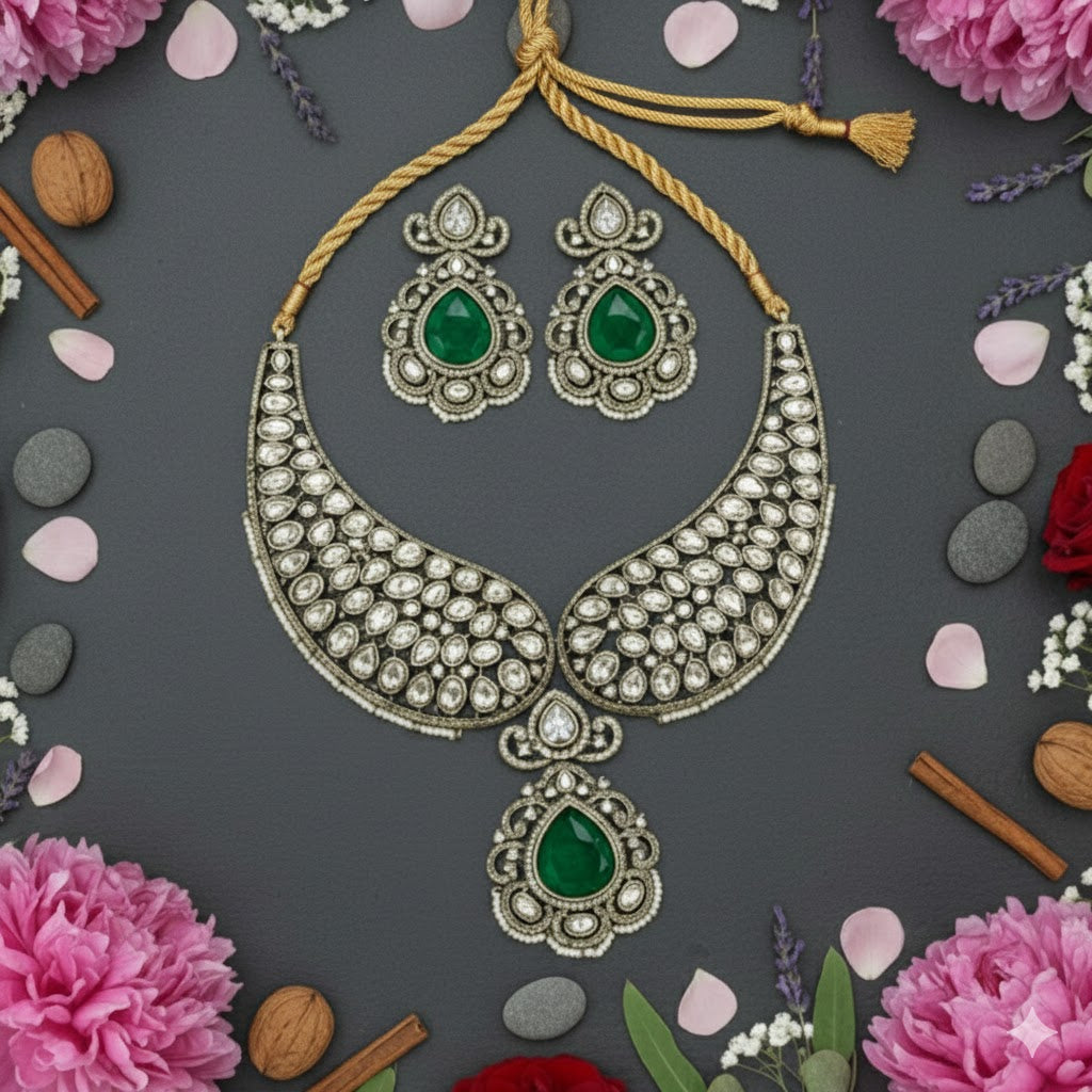 Premium Polki Kundan & Emerald Stone Bridal Necklace Set for Women