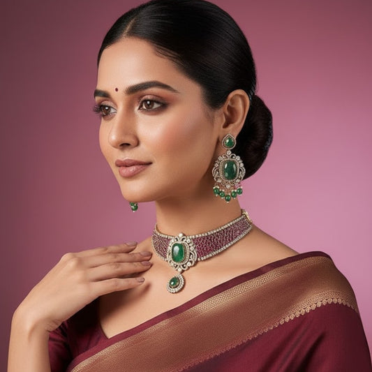 Gold-Plated Ruby Green Stone Choker Necklace Set with Drop Earrings
