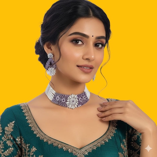 Elegant Purple Stone & Pearl Choker Necklace Set with Floral Design Earrings for Women