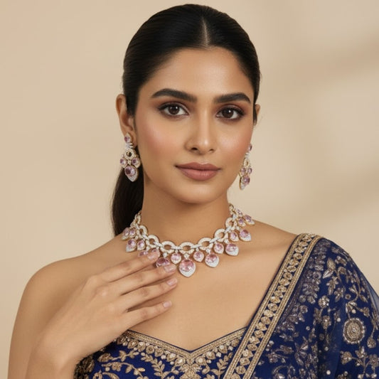 Pink CZ & Gold-Plated Stone-Studded Choker Necklace Set for Women
