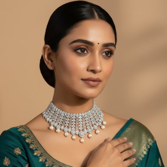 Elegant Silver-Plated Bridal Choker Necklace with Pearls & CZ Stones for Women