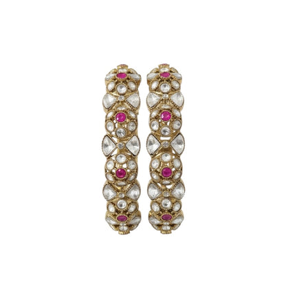 Gold-plated Kundan bangles with pink stone and white crystal detailing for women