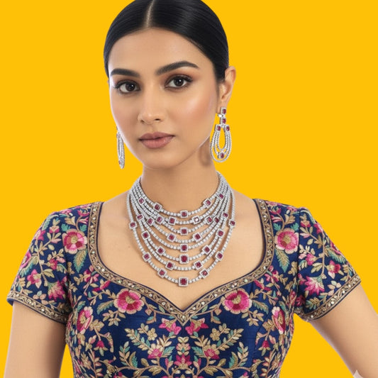 Luxury Ruby & Diamond Choker Necklace Set with Earrings for Women