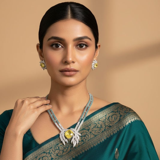 Luxury Yellow Stone Silver Plated Necklace Set with Earrings