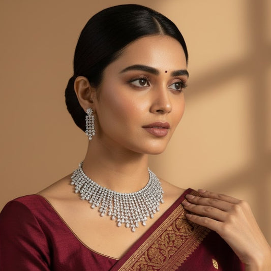 Luxury Silver Plated Diamond Choker Necklace Set with Earrings