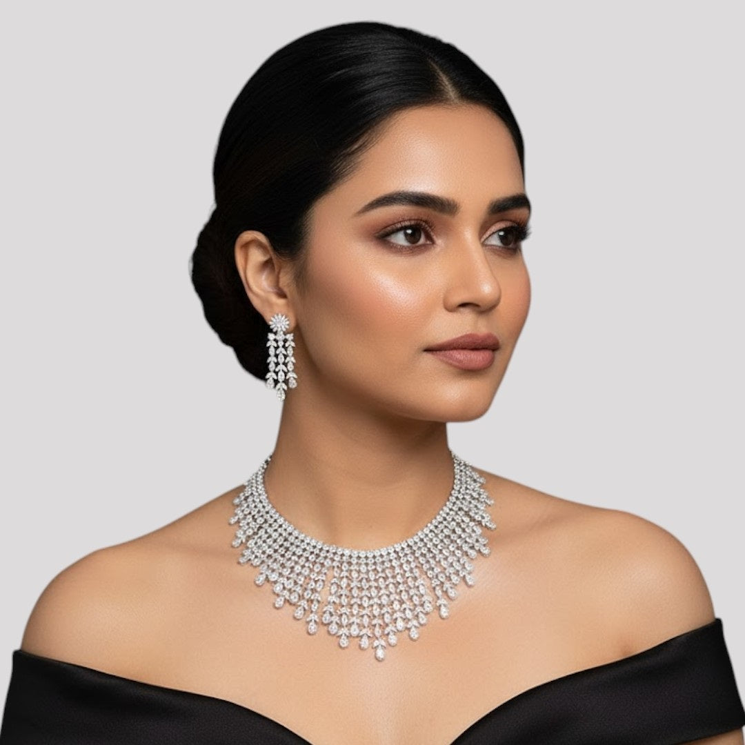 Luxury Silver Plated Diamond Choker Necklace Set with Earrings