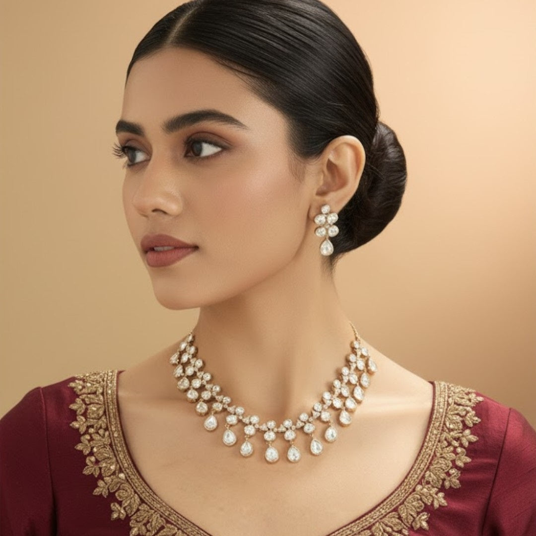 Stunning Crystal Drop Choker Necklace Set and Paired Stud Earrings