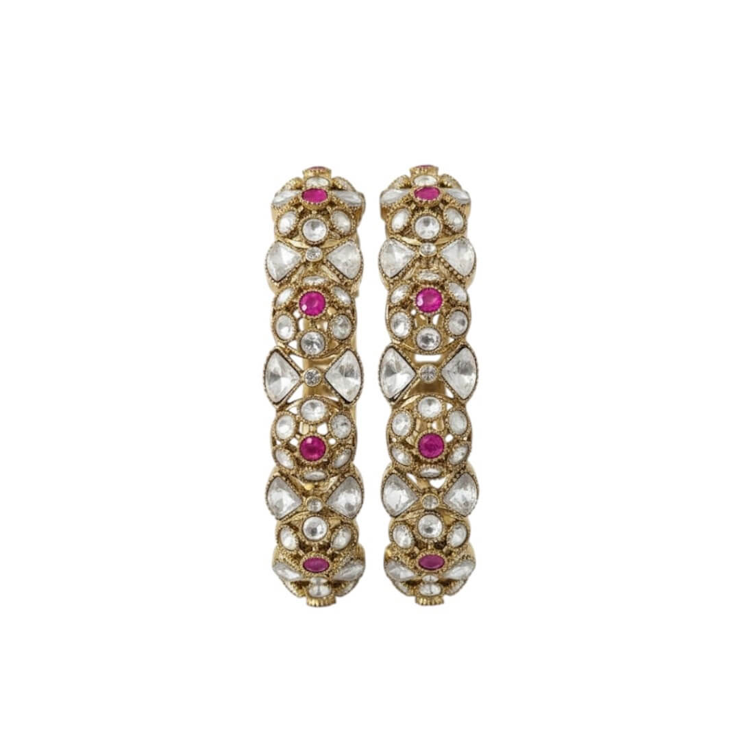 Gold-Plated Kundan & Pink Stone Embellished Traditional Bangles for Women