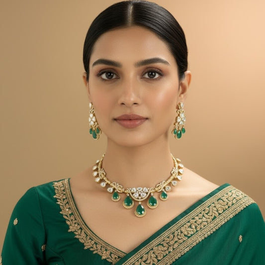 Gold-Plated Kundan Choker Necklace Set featuring Emerald Green Teardrops – Ethnic Bridal Jewelry