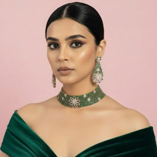 Green Kundan & CZ Stone Floral Choker Necklace Set for Women