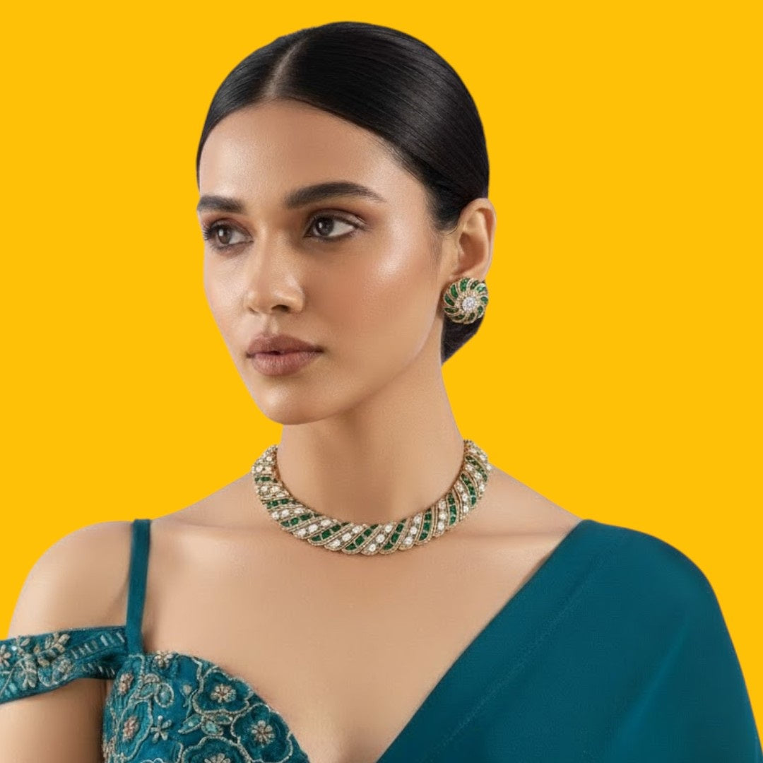 Emerald and CZ Bold Spiral Choker Necklace Set with Stud Earrings
