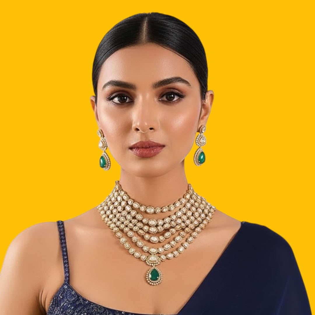 Royal Layered Kundan Choker Necklace  Earrings Set with Emerald Drop