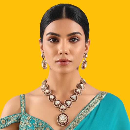Timeless Red &amp; Kundan Teardrop Necklace Set with Oval Pendant
