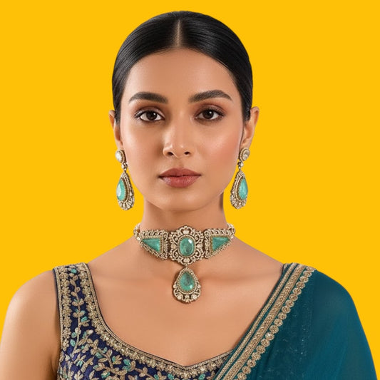 Vintage-Inspired Mint Green Stone Choker Necklace Set with Antique Gold Finish