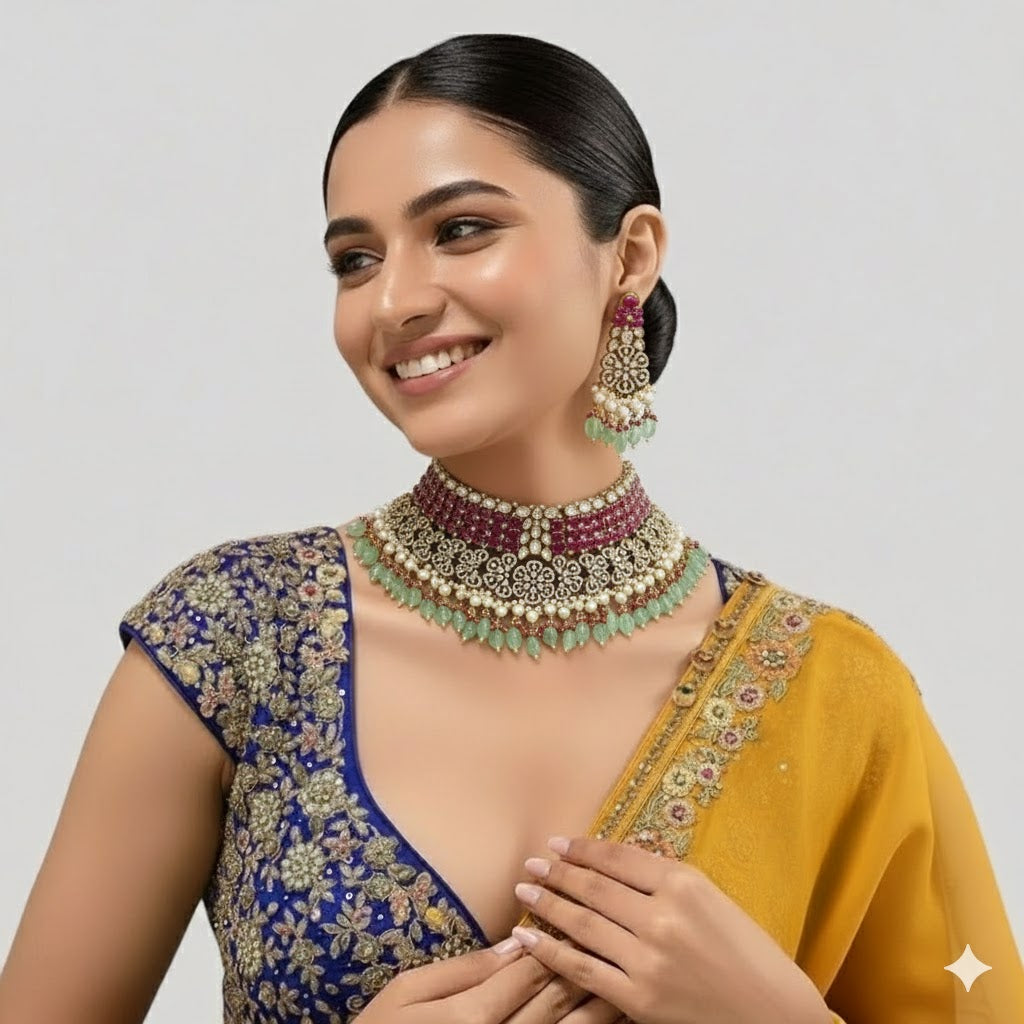 Bridal Kundan Choker Necklace Set with Green Beads & Earrings for Women - Auraa Trends