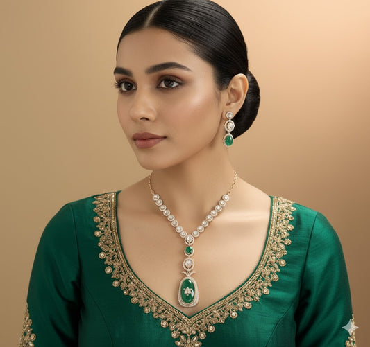 Regal Long Pendant Necklace Set with Emerald Green Centerpiece – Statement Bridal Jewelry