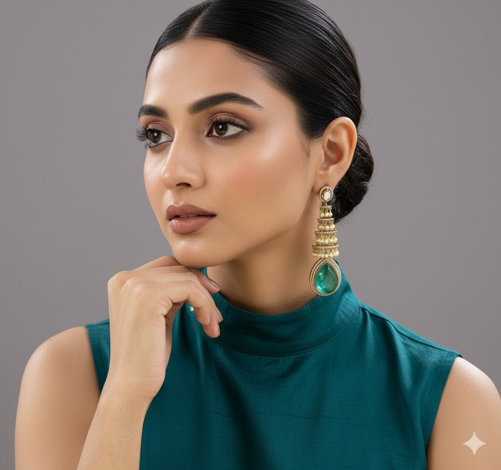 Green Teardrop Tiered Jhumka Earrings