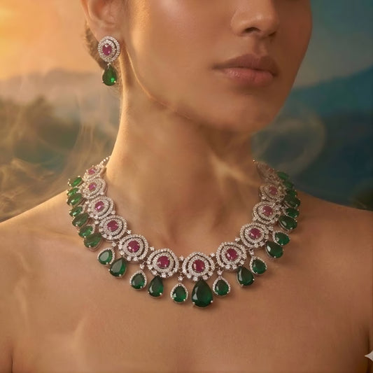 Emerald Green & Ruby Stone Diamond Finish Necklace Set with Earrings | Luxury Bridal Jewellery