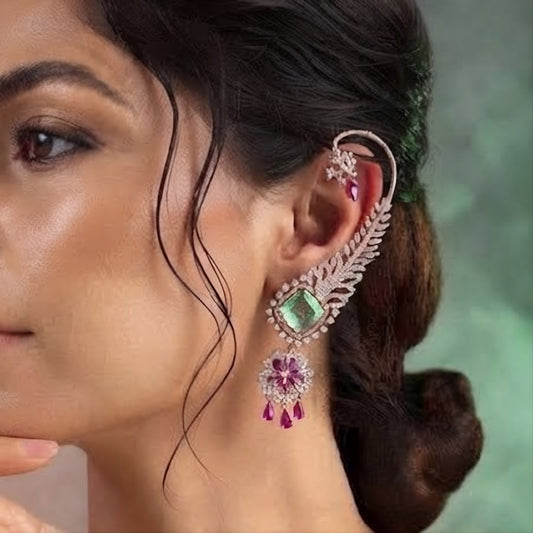 Rose gold American diamond ear cuff earrings with feather design, mint green cushion-cut stone and ruby pink flower drop