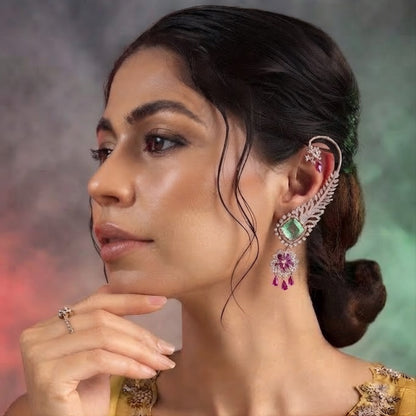 Rose gold American diamond ear cuff earrings with feather design, mint green cushion-cut stone and ruby pink flower drop