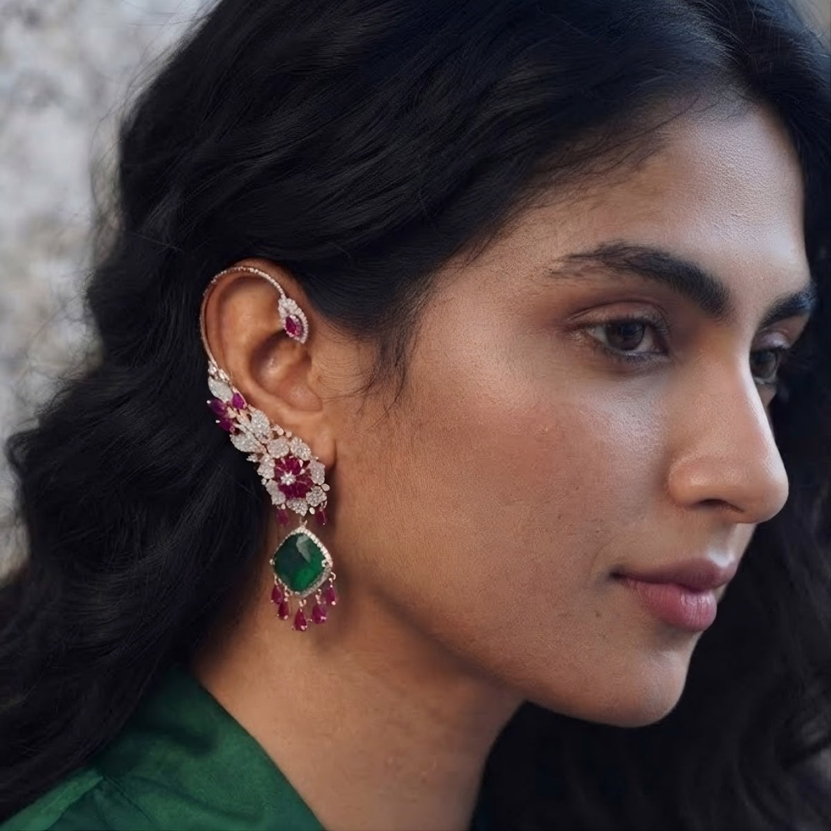 Rose gold American diamond ear cuff earrings with ruby pink pear stones, pavé floral design and emerald green cushion-cut drop