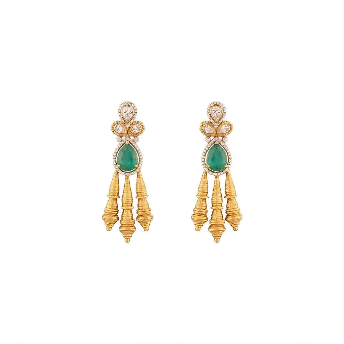 Antique matte gold necklace set with gold cone drops, polki kundan stones, emerald green pear centre stone and matching drop earrings